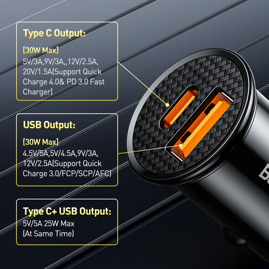 Baseus 30W USB-C and USB-A Car Charger – One USB-C and One USB-A Port