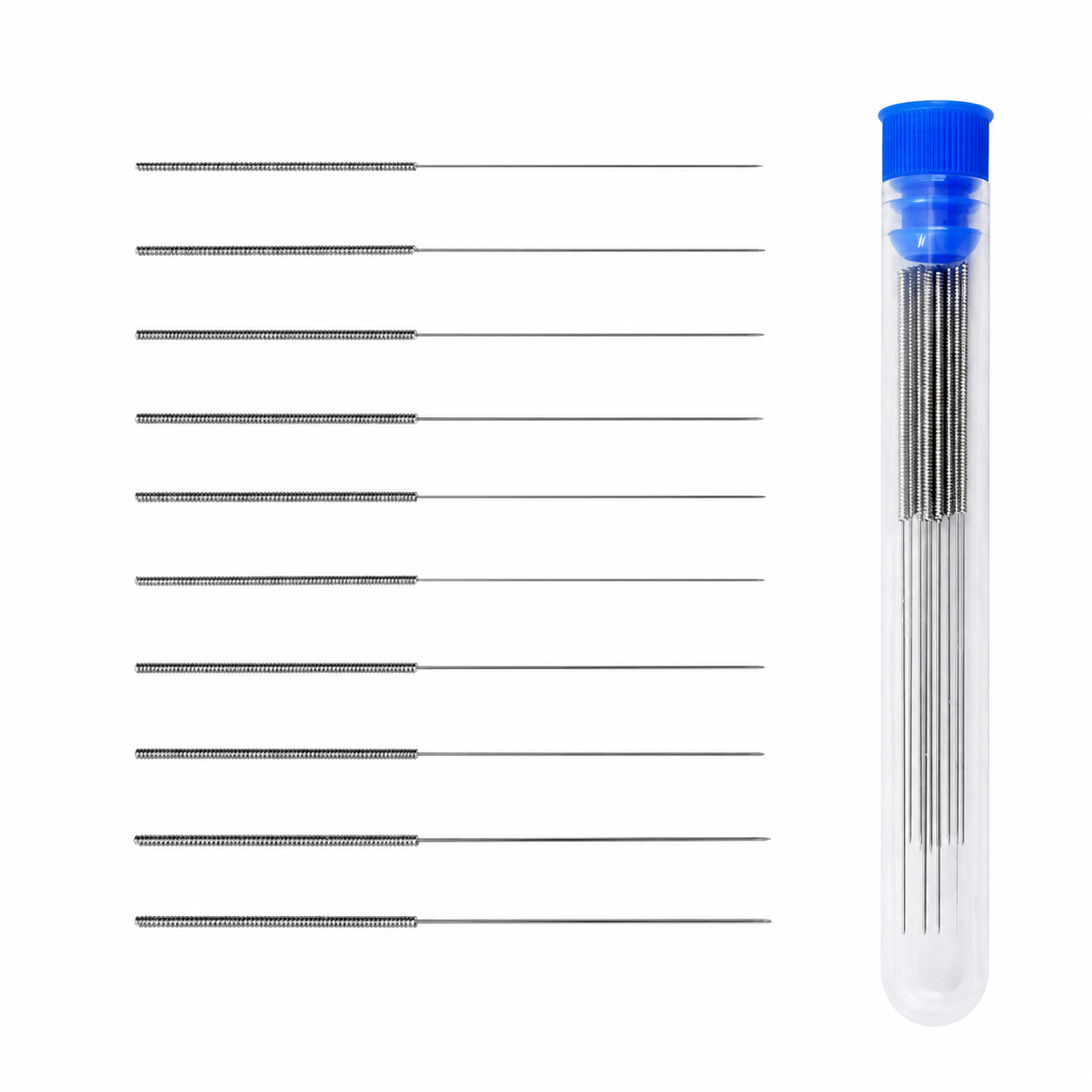 Ten stainless steel washer nozzle cleaning needles with blue storage tube