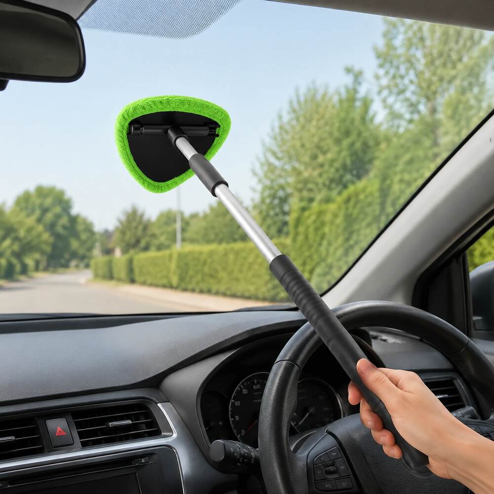 LEAP extendable car windscreen cleaner with four green microfibre pads – view 2
