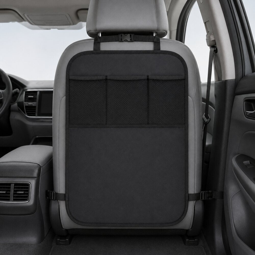 LEAP black seat-back kick protector installed on a grey car seat