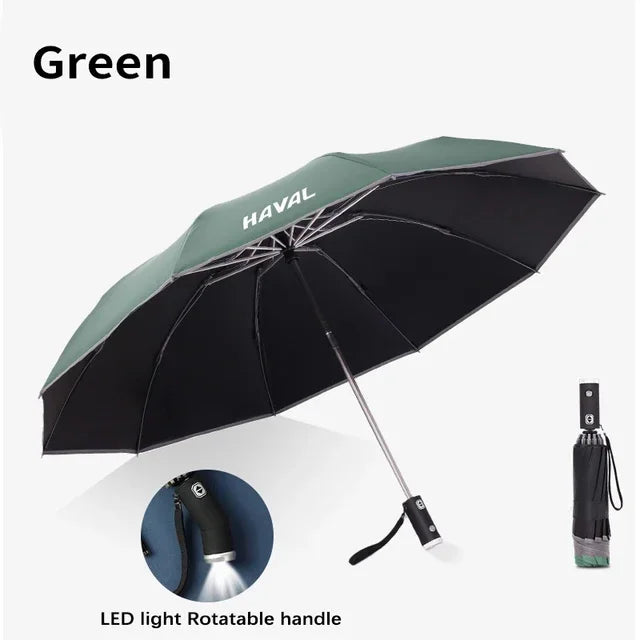 LEAP Folding Travel Umbrella with LED Handle – Green