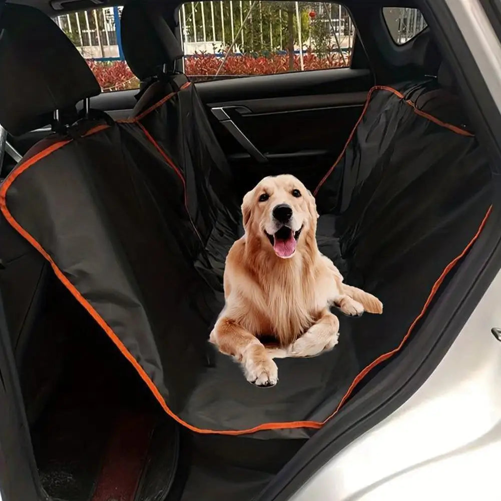 LEAP black and orange rear car seat pet hammock cover with a dog