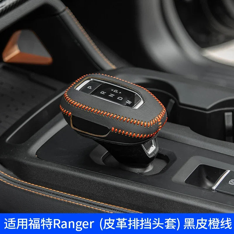 LEAP Leather Gear Lever Cover for Ford Ranger T9 2022–2025 – Black with Orange Stitching
