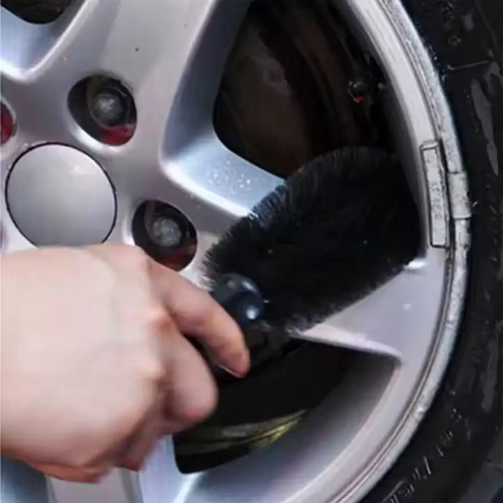 LEAP black wheel and rim cleaning brush in use
