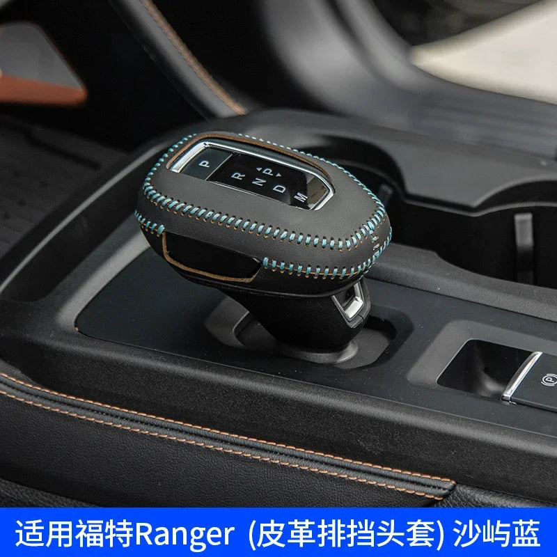 LEAP Leather Gear Lever Cover for Ford Ranger T9 2022–2025 – Black with Blue Stitching
