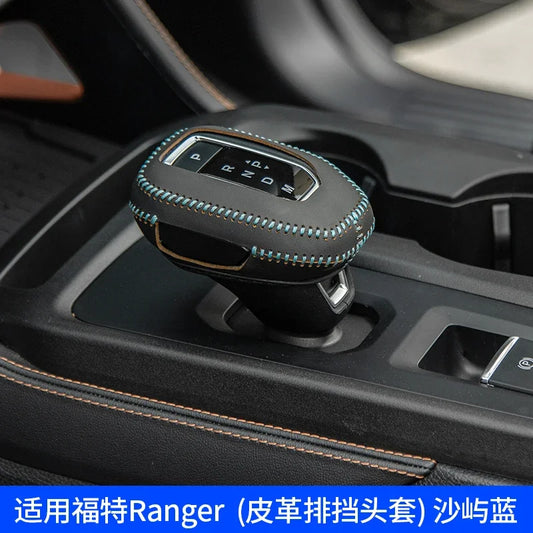 LEAP Leather Gear Lever Cover for Ford Ranger T9 2022–2025 – Black with Blue Stitching