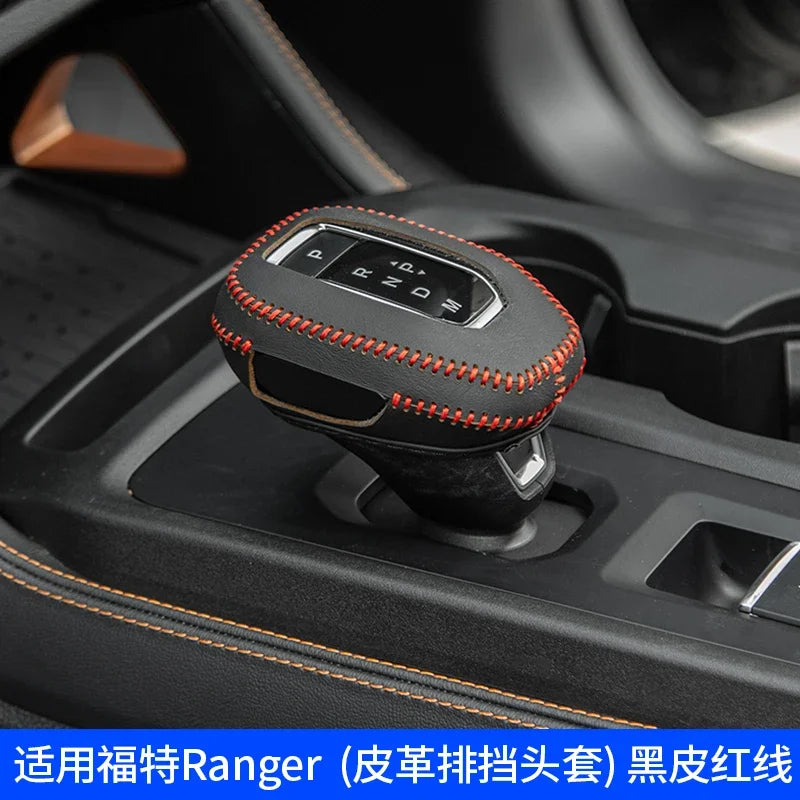 LEAP Leather Gear Lever Cover for Ford Ranger T9 2022–2025 – Black with Red Stitching