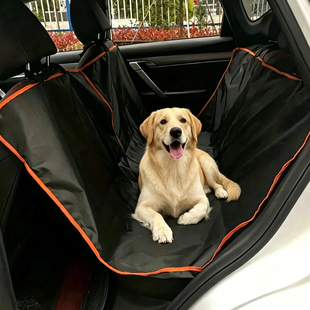 LEAP black and orange pet seat cover installed in a car