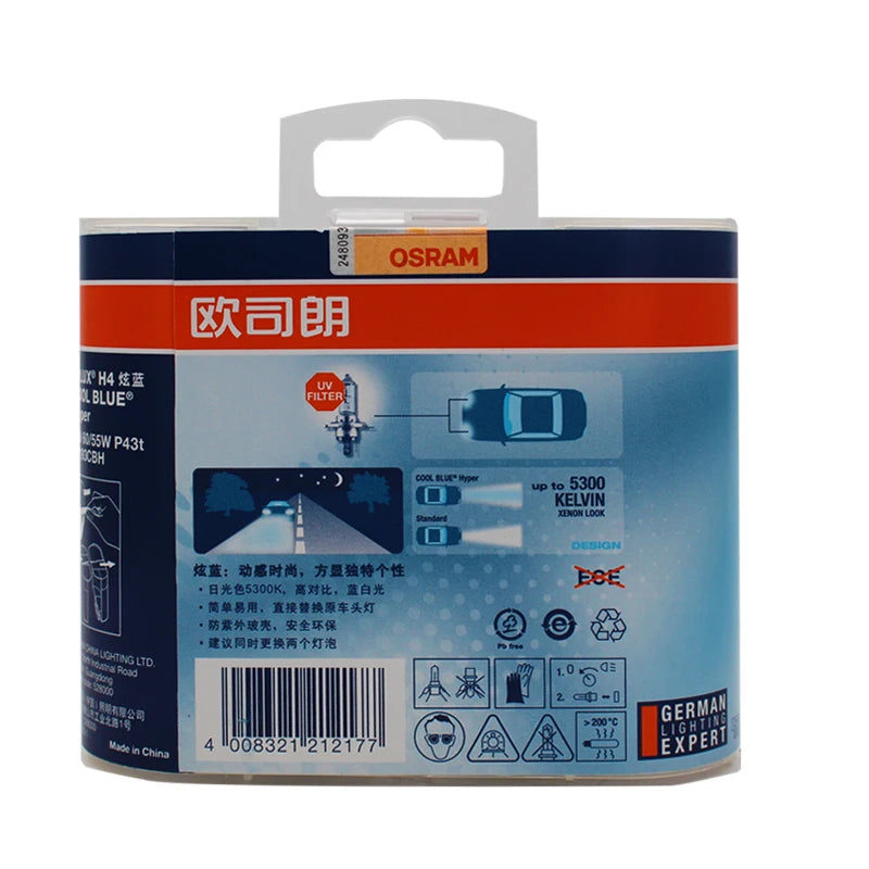 OSRAM H4 Cool Blue Hyper White Halogen Headlight Bulbs 12V Pair