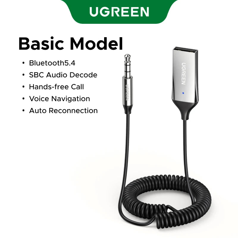 UGREEN USB / 3.5 mm AUX Bluetooth Audio Receiver – Bluetooth 5.4 / Bright Silver