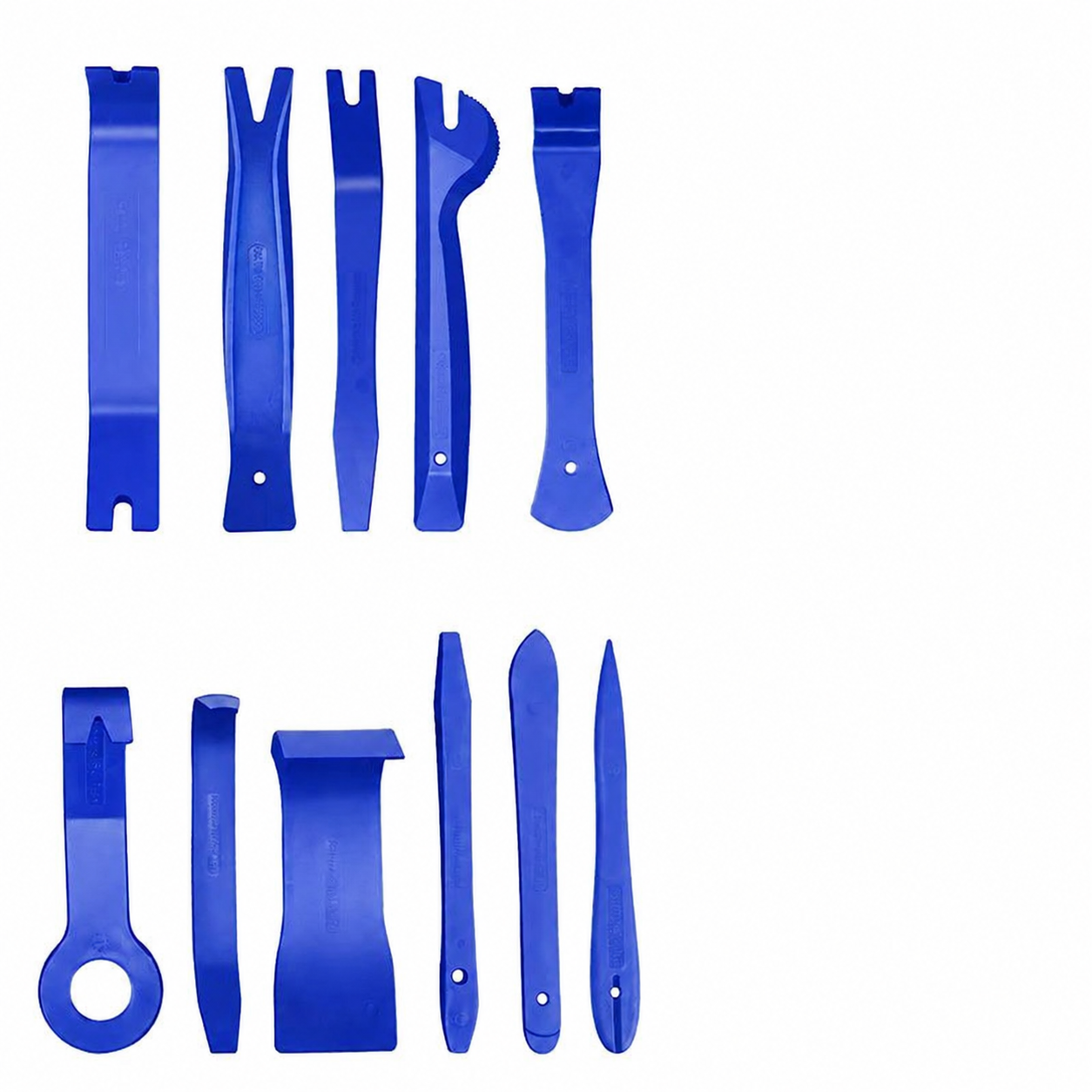 11 blue car trim removal tools with straight, forked and angled profiles