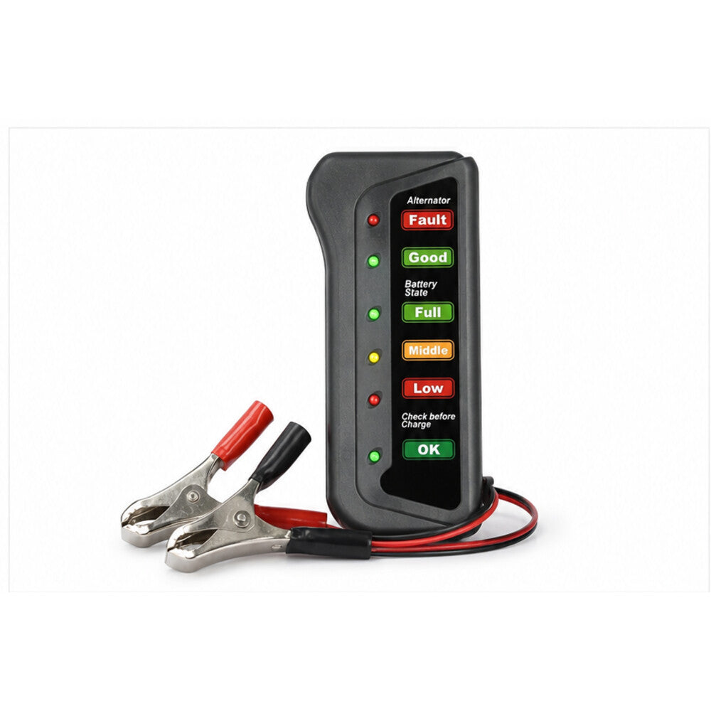 Six LED 12 volt battery and alternator condition tester with red and black clips