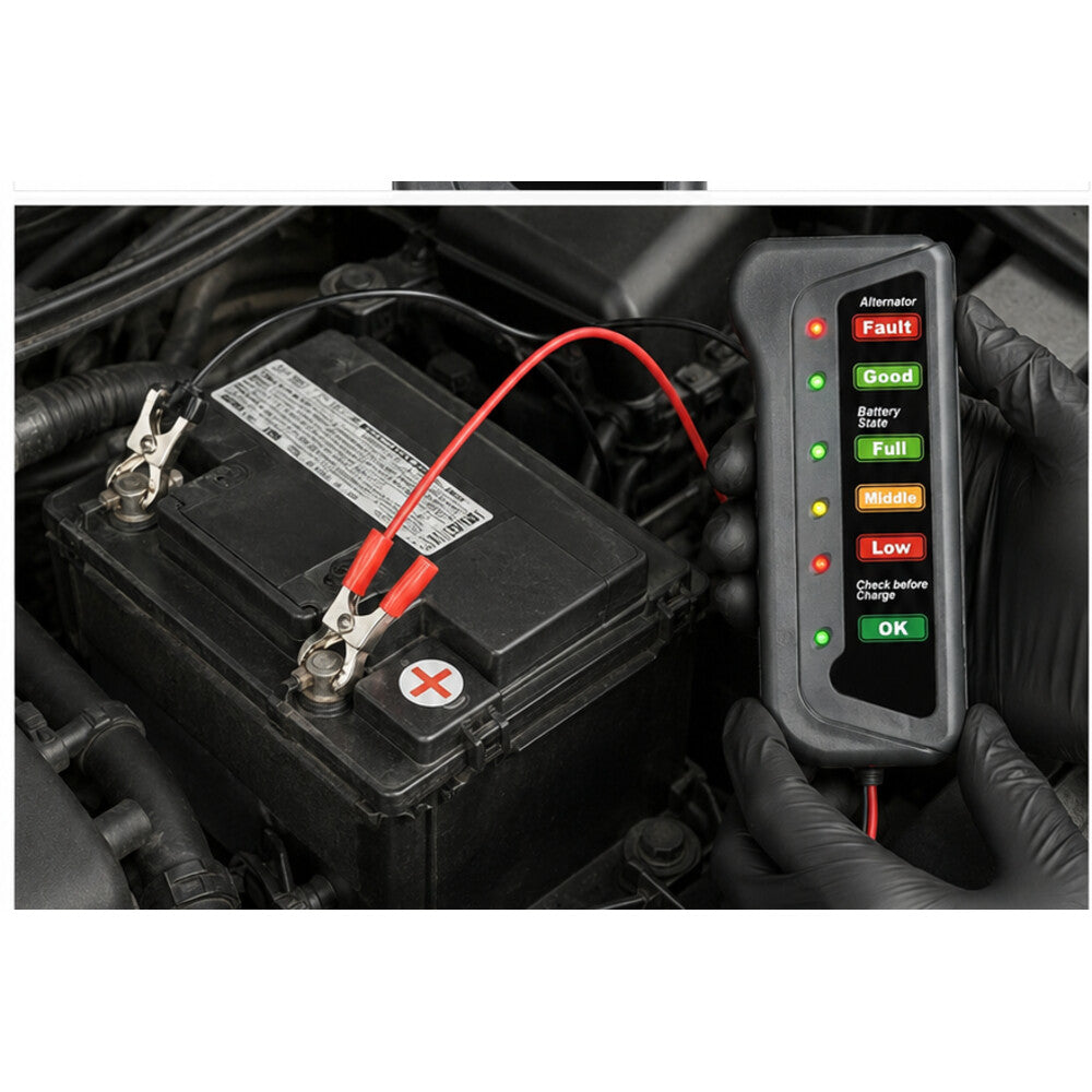 Twelve volt battery and alternator tester connected with correct polarity