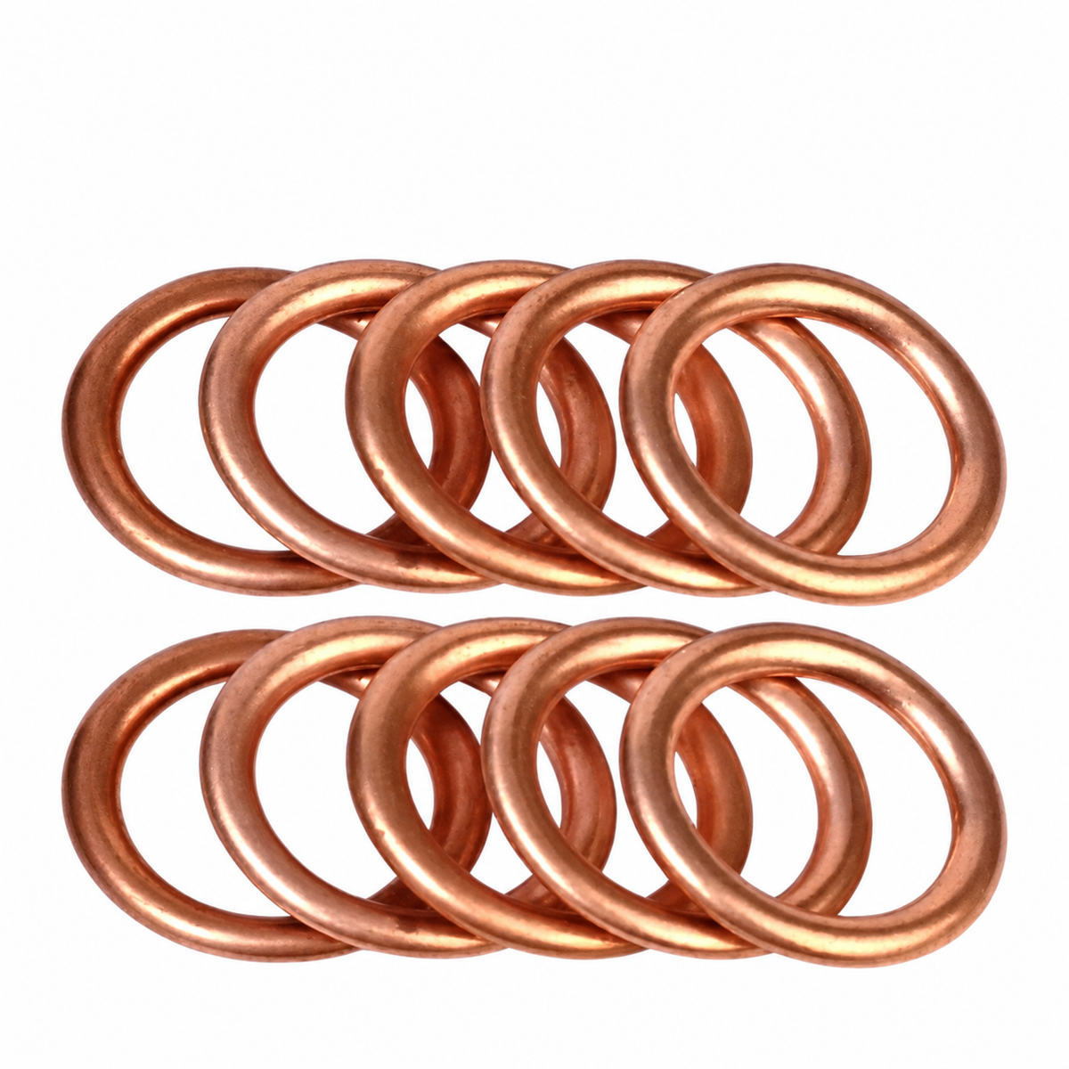 Ten copper oil drain plug sealing washers on white background
