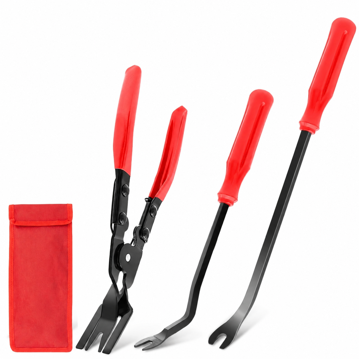 Four-piece red and black car trim clip removal tool set with pouch