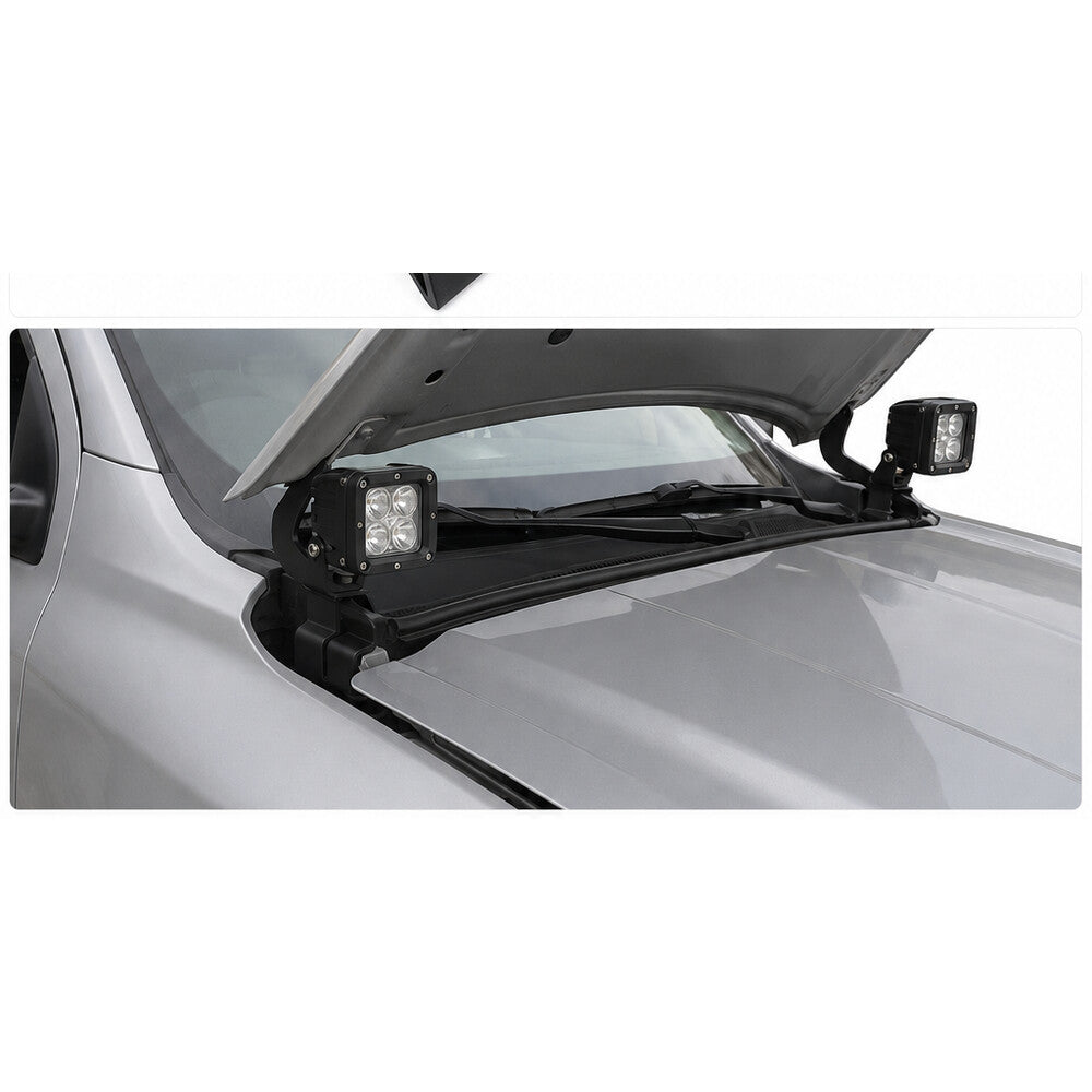 Bonnet cowl ditch light bracket positions on a modern dual-cab ute